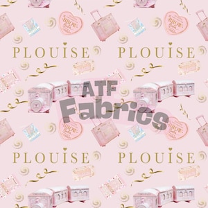 May include: A repeating pattern on a pink background features various beauty product packaging, including heart-shaped compacts, small suitcases, and boxes. The word "PLOUISE" is written in gold, along with other text and decorative elements.
