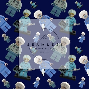 May include: A repeating pattern of Lego figures in medical attire, such as scrubs and surgical caps, set against a dark blue backdrop. Some figures have stethoscopes. The text "The Seamless Design Studio Estd 2023" is in the center of the image.