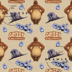 May include: A repeating pattern featuring characters from "Grizzy & the Lemmings." The design includes a brown bear, blue lemmings, and a walrus-like creature, set against a tan background. The text "Grizzy & the Lemmings" is also present.