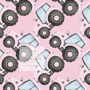 May include: A seamless pattern featuring pink tractors with black wheels and light blue windows on a pink background. The tractors are arranged in a repeating pattern, creating a playful and whimsical design. The design includes the text "SEAMLESS DESIGN STUDIO".