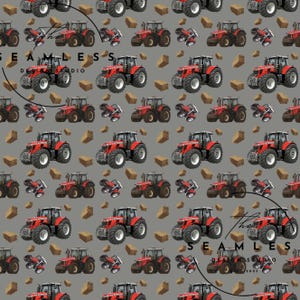 Può includere: Motivo ripetuto di trattori rossi, piccole balle di fieno marroni e attrezzature agricole su sfondo grigio. Il design include il testo "SEAMLESS DESIGN STUDIO 2023" in un cerchio.