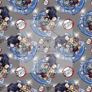 May include: A seamless pattern featuring characters from the anime series Demon Slayer. The design includes multiple character illustrations surrounded by blue water wave patterns on a gray background. The text "DEMON SLAYER" is also visible.