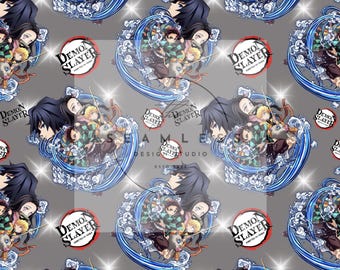 May include: A seamless pattern featuring characters from the anime series Demon Slayer. The design includes multiple character illustrations surrounded by blue water wave patterns on a gray background. The text "DEMON SLAYER" is also visible.