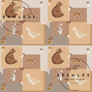 Op de afbeelding: Een herhalend patroon met aquarel illustraties van bosdieren, waaronder beren, herten, konijnen en ganzen, tegen een achtergrond van neutrale vierkanten. De tekst "The Seamless Design Studio ESTD 2023" is ook zichtbaar.