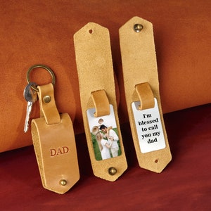 Aangepaste fotosleutelhanger voor mannen, vaderdag herencadeau, aangepaste fotosleutelhanger, gepersonaliseerde leren sleutelhanger met foto voor je beste vader