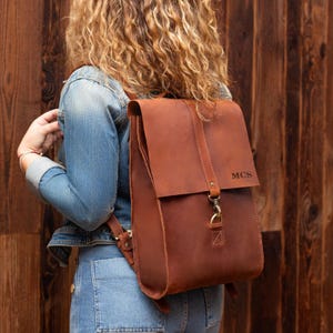 Monogram Leather Laptop Backpack, Minimalist Rucksack for Work & University, Custom Bag with Initials, Casual MacBook Backpack for Women