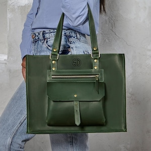 Grüne Tasche personalisiert, Leder Laptop Tasche mit Reißverschluss, handgemachte Damentasche für Büro, Weihnachtsgeschenk für Sie, Geburtstagsgeschenk für Frau