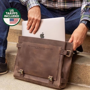 Personalized Leather Laptop Satchel, Custom Engraved Briefcase for Men, Fits MacBook 13–16”, Office or Daily Use