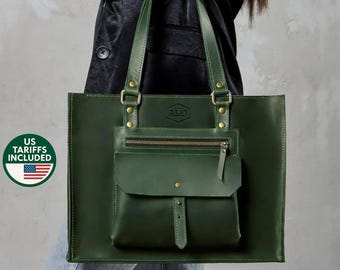 Green leather tote bag, laptop tote bag zippered, handmade womens bag for office, Christmas gift for her