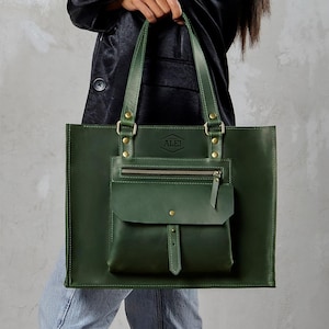 Sac fourre-tout en cuir vert, sac fourre-tout pour ordinateur portable zippé, sac pour femme fait main pour le bureau, cadeau de Noël pour elle