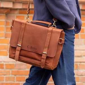 Sac messager pour homme personnalisé, cadeau en cuir pour homme, sacoche pour ordinateur portable en cuir pour lui, porte-documents à monogramme, cadeau d'anniversaire pour mari