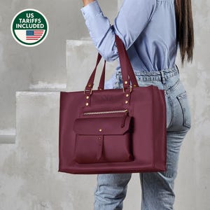 Structured Leather Laptop Tote, Personalized Tech Bag for Women, Monogram Office Purse with Zipper and Strap, Custom Leather Briefcase