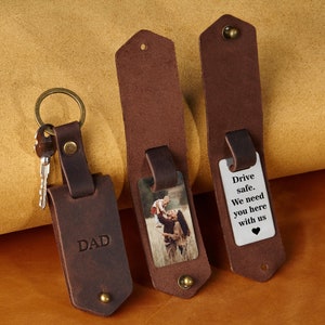 Mens accessory, leather photo keychain, Fathers day mens gift, leather photo keyring, anniversary gift for him, leather photo key holder