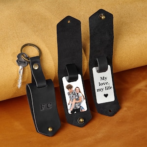 Aangepaste fotosleutelhanger herencadeau, aangepaste leren sleutelhanger met foto, fotosleutelhanger cadeau voor mannen, leren sleutelhanger, verjaardagscadeau echtgenoot