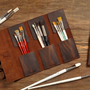 Pen sleeve pouch, pencil roll case, leather artist roll, pencil roll holder, travel art case roll, leather pencil bag, pencil organizer box image 10