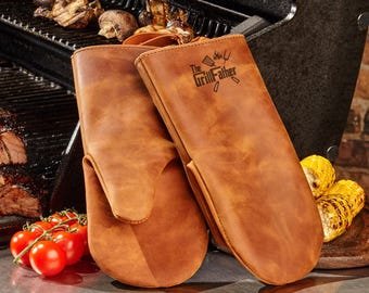 Personalisierte Leder Grillhandschuhe, Weihnachtsgeschenk für Ehemann, Papa, Opa, individuelle Kochhandschuhe mit Logo