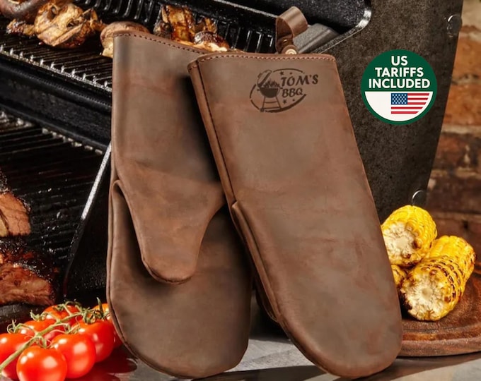 Leather grill mitts personalized, Christmas gift for husband, dad, grandad, custom cooking mitts with logo, grill gloves for BBQ lover