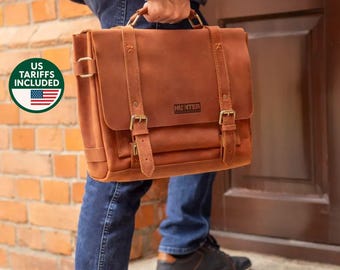 Leather business briefcase for man, mens leather laptop bag, briefcase with custom logo, leather messenger bag, leather shoulder bag for him