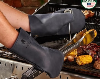 BBQ-grillcadeaus voor mannen, gepersonaliseerde leren barbecuehandschoenen, kerstcadeau voor echtgenoot, vader, opa, op maat gemaakte kookwanten met logo