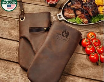 Leder Ofenhandschuhe personalisiert, Kochhandschuhe nach Maß mit Logo, Weihnachtsgeschenk für Mann, Vater, Opa