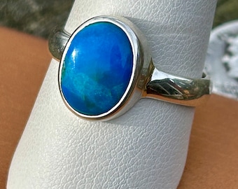 Peruvian Blue Opal Ring, Sterling Silver, Size 9