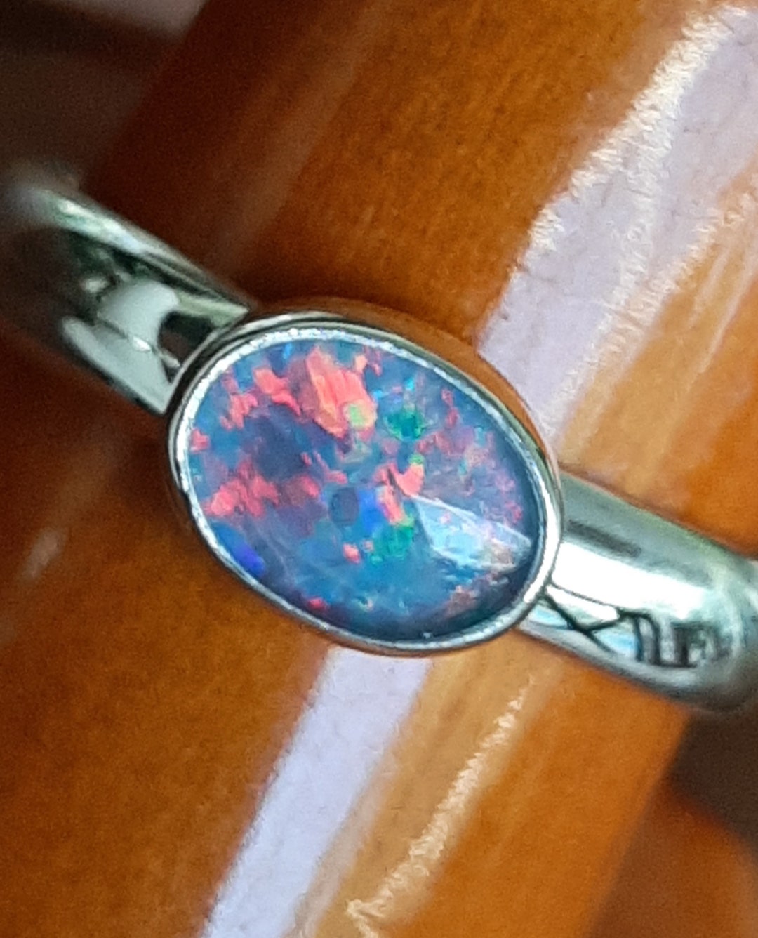 Dark Blue Opal Ring, East to West Opal Doublet Ring, Blue Red Opal Ring