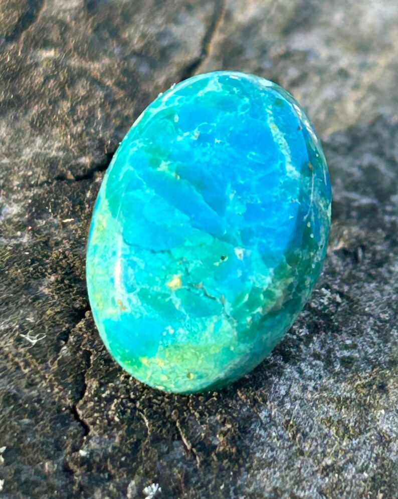 May include: A smooth, oval-shaped turquoise gemstone with a blue and green marbled pattern.