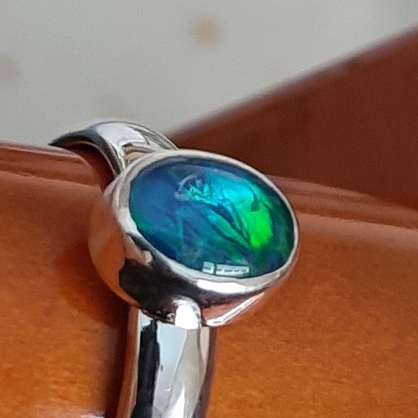 Blue Green Opal Ring, Opal Doublet Ring, Fire Opal Ring 1.5 Ct, Blue Green Opal Sterling Silver Ring, Australian Opal Sterling Silver Ring