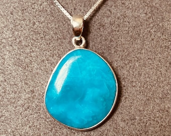 Blue Andean Opal Pendant, Sterling Silver Bezel, 18in Chain