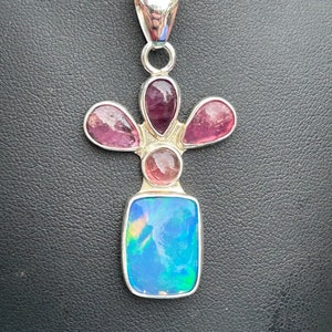 Unique Opal Necklace, Opal Necklace, Large Opal and Pink Tourmaline Necklace, Large Opal Pink Tourmaline Silver Set W Silver Necklace 18in