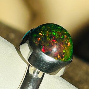 Fire Black Opal, Large Black Opal Ring, Opal Silver Ring, Large Round Opal 2.5ct, Natural Black Opal Ring Size 7.5, Natural High Dome Opal