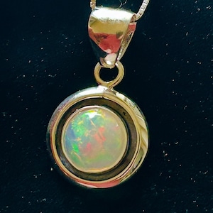 Opal Necklace, Natural Crystal Opal Necklace, White Opal Silver Necklace, Colorful Opal Round Shape Pendant, 1.2 in Opal Pendant 18 in Chain