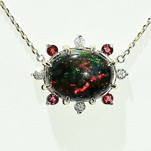 Designer Opal Necklace, 14K White Gold Black Opal Necklace, Large 8 Ct Black Opal Diamond and Ruby Necklace, Fine Black Opal Necklace