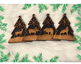 Wood Rustic Wildlife Animal Christmas Ornament Wolf - Bear - Moose - Deer - Doe - Tree - Farmhouse - Wood