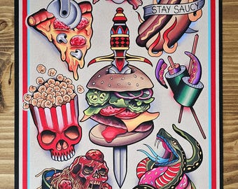Food tattoo style flash sheet