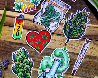 Tattoo Flash style Cannabis 420 Weed Theme Vinyl Sticker Pack