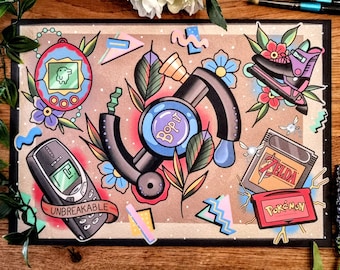 90s Nostalgia tattoo flash print