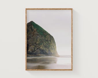 May include: A framed photograph of a large, rocky outcropping with green vegetation on top, partially submerged in the ocean. The water is calm and reflects the sky, which is a pale blue with a hint of pink.