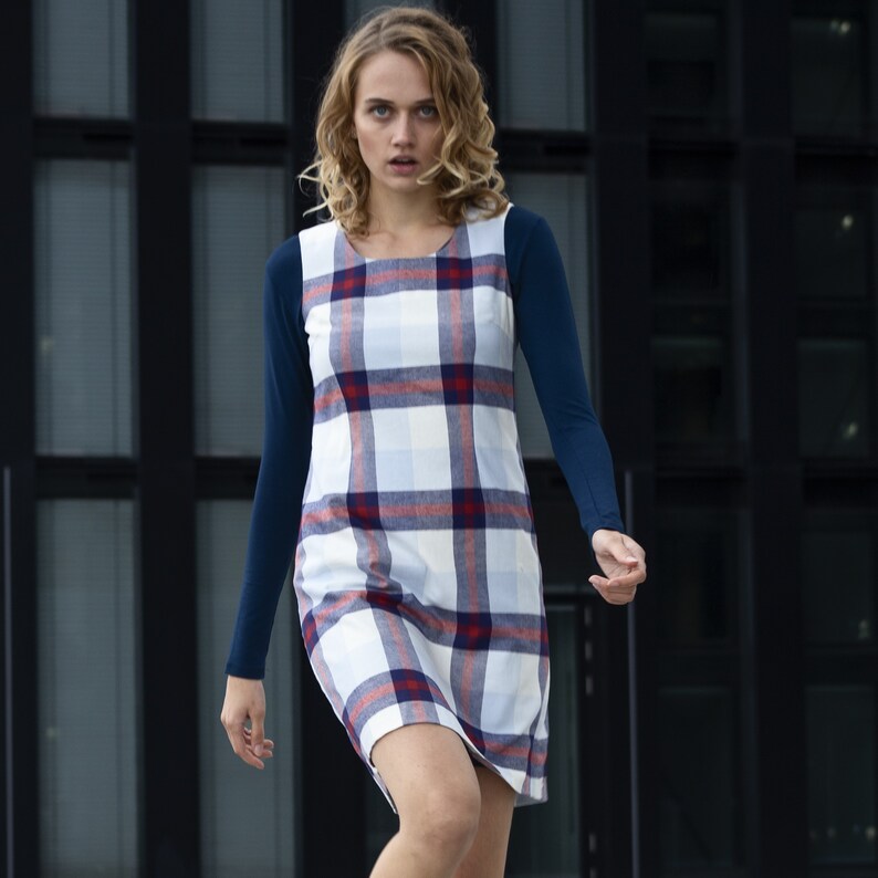 blue white red checkered knee length cotton with noble lining strap dress Dress