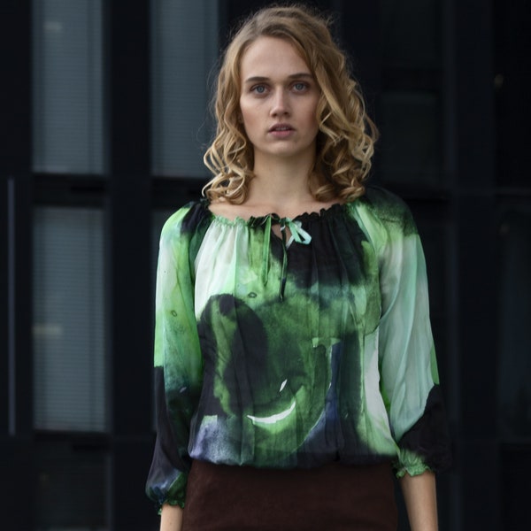 Silk blouse with inner shirt, green black