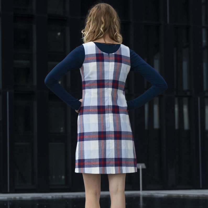 blue white red checkered knee length cotton with noble lining strap dress Dress