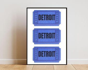 May include: Three blue ticket stubs with the word "DETROIT" printed in black letters. The ticket numbers are 313313.