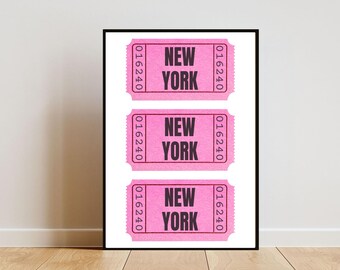 Pode incluir: Três bilhetes cor-de-rosa com texto preto que diz "NEW YORK" e o número "016240" em cada bilhete.