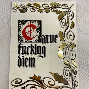 Carpe Fucking Diem ansichtkaart kalligrafie versiering motiverende kunst Latijnse citaat uniek interieur briefpapier cadeau man pluk de dag kaart