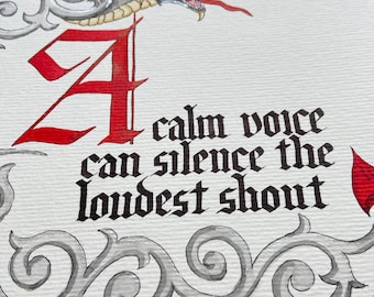 Stille stem Draak Originele kalligrafiekunst gotisch schrift Inspirerend citaat thuis muurbureau