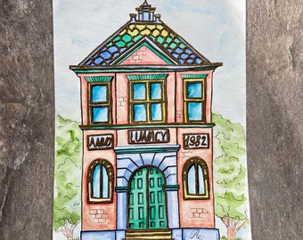 Vergulde illustratie van aquarelhuis, uniek huisdecor, origineel kunstwerk