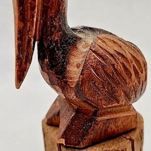 Wood Carved Pelican on Stump Figurine About 6"T x 2”A U189