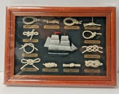 Vintage Nautical Sailor Types of Knots Blue White Ship Framed Display NEW