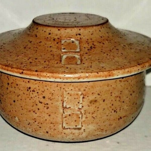 Vintage Studio Art Pottery Signed Bartock? Covered Dish Stamped 2 Squares EUC