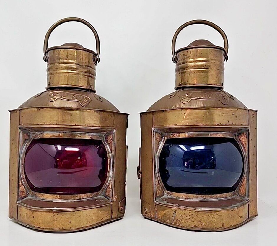 Vintage Brass Starboard and Port Signal Lanterns Original Set Red